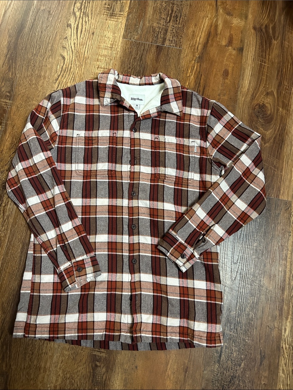 Rhythm. Men's Rust, Brown & Cream Plaid Button-Down Shirt